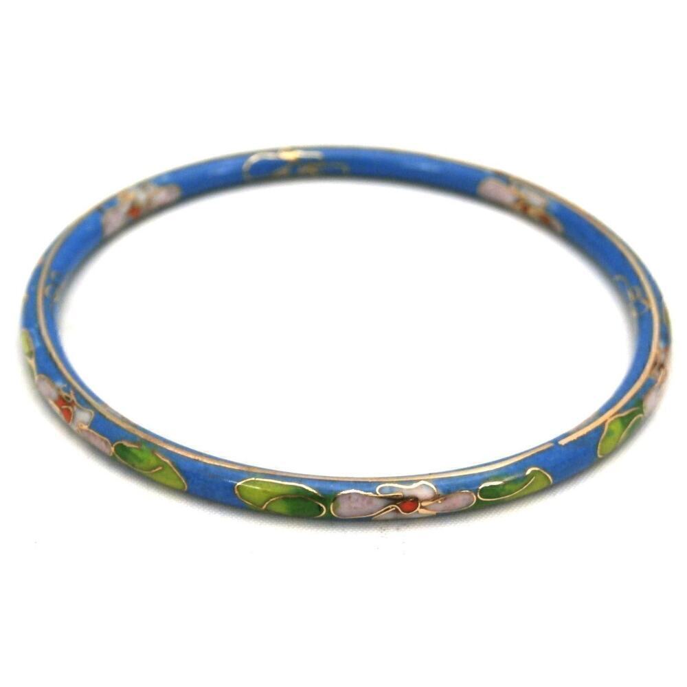 Vintage Bangle Bracelet Blue Floral Chinese Cloisonné Gold 1920s